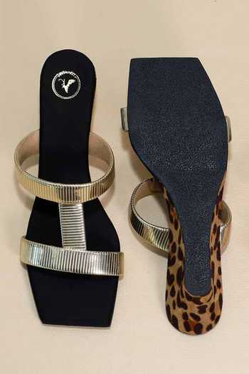 Shop_Sana K luxurious Footwear_Black Foil Printing Hani Half Wedges _at_Aza_Fashions