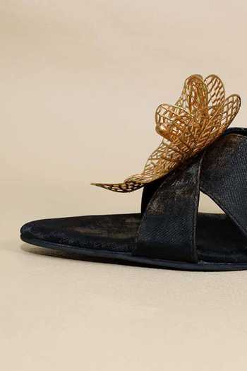 Sana K luxurious Footwear_Black Cut Work, Brooches Gold Flower Kitten Heels _Online_at_Aza_Fashions