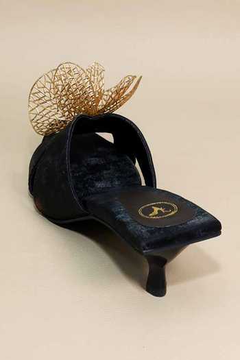 Buy_Sana K luxurious Footwear_Black Cut Work, Brooches Gold Flower Kitten Heels _Online_at_Aza_Fashions