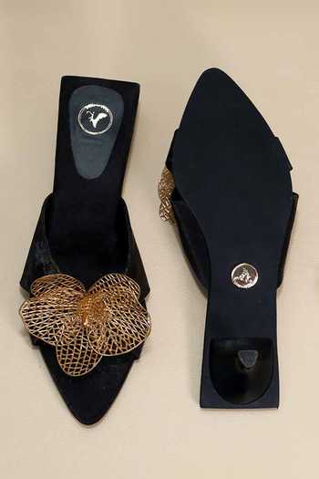 Shop_Sana K luxurious Footwear_Black Cut Work, Brooches Gold Flower Kitten Heels _at_Aza_Fashions