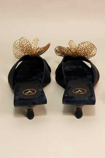 Shop_Sana K luxurious Footwear_Black Cut Work, Brooches Gold Flower Kitten Heels _Online_at_Aza_Fashions