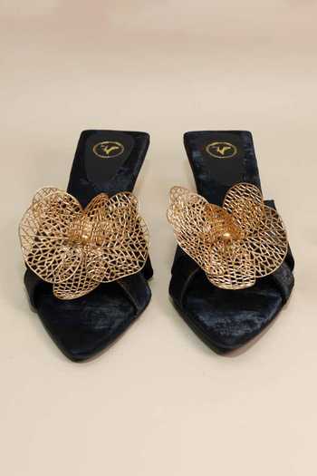 Sana K luxurious Footwear_Black Cut Work, Brooches Gold Flower Kitten Heels _at_Aza_Fashions