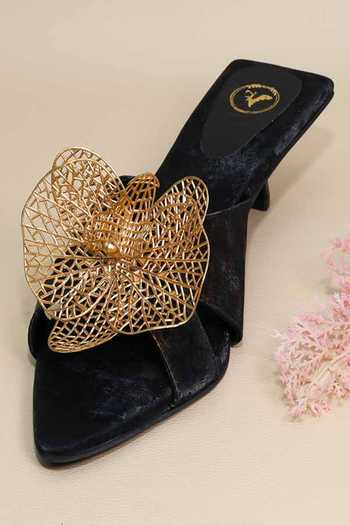 Buy_Sana K luxurious Footwear_Black Cut Work, Brooches Gold Flower Kitten Heels _at_Aza_Fashions