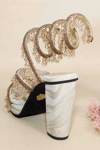 Shop_Sana K luxurious Footwear_Beige Beads, Stones, Crystals Glitz Spring Elevations Heels _Online_at_Aza_Fashions