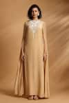 GOLDN_Beige Crepe Embroidery High Neck Hand Dress _Online_at_Aza_Fashions