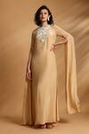 Buy_GOLDN_Beige Crepe Embroidery High Neck Hand Dress _at_Aza_Fashions