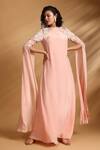 Buy_GOLDN_Peach Crepe Embroidery Round Neck Sleeve Dress _Online_at_Aza_Fashions