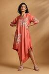 Buy_GOLDN_Coral Crepe Embroidery V-neck Asymmetric Dress _at_Aza_Fashions