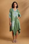 Buy_GOLDN_Green Crepe Beads V-neck Hand Floral Asymmetric Dress _at_Aza_Fashions