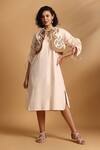 Buy_GOLDN_Beige Poplin, Cotton Embroidery Keyhole Neck, Open Midi Dress With Waistcoat _at_Aza_Fashions