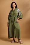 Buy_GOLDN_Olive Green Crepe Embroidery V-neck Kimono Dress With Belt _at_Aza_Fashions