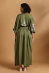 Shop_GOLDN_Olive Green Crepe Embroidery V-neck Kimono Dress With Belt _at_Aza_Fashions