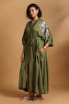 Buy_GOLDN_Olive Green Crepe Embroidery V-neck Kimono Dress With Belt _Online_at_Aza_Fashions