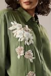 Shop_GOLDN_Green Crepe Embroidery, Applique Collared Floral Shirt _Online_at_Aza_Fashions