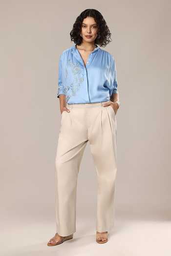 GOLDN_Blue Crepe Embroidery Mandarin Collar Floral Shirt _Online_at_Aza_Fashions