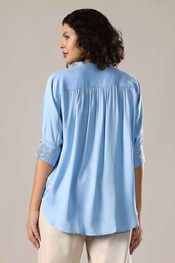 Shop_GOLDN_Blue Crepe Embroidery Mandarin Collar Floral Shirt _at_Aza_Fashions