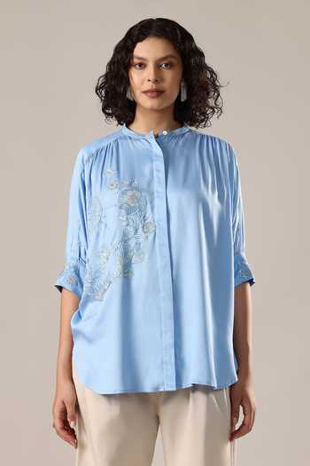 Buy_GOLDN_Blue Crepe Embroidery Mandarin Collar Floral Shirt _at_Aza_Fashions