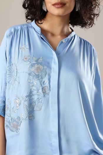 Shop_GOLDN_Blue Crepe Embroidery Mandarin Collar Floral Shirt _Online_at_Aza_Fashions
