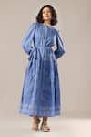 Buy_GOLDN_Blue Chanderi Silk Mandarin Collar Printed Shirt Dress With Belt _at_Aza_Fashions