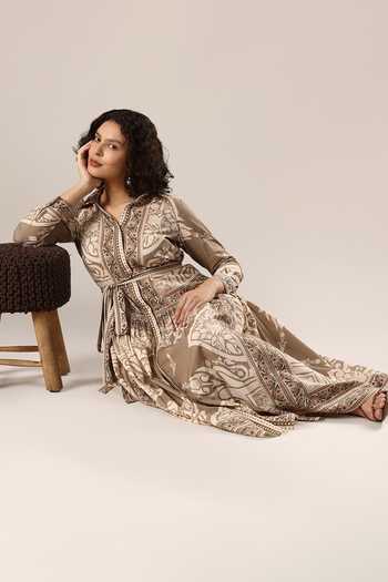 GOLDN_Ivory Silk, Chanderi Collared Printed Dress With Belt _Online_at_Aza_Fashions