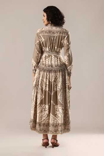 Shop_GOLDN_Ivory Silk, Chanderi Collared Printed Dress With Belt _at_Aza_Fashions