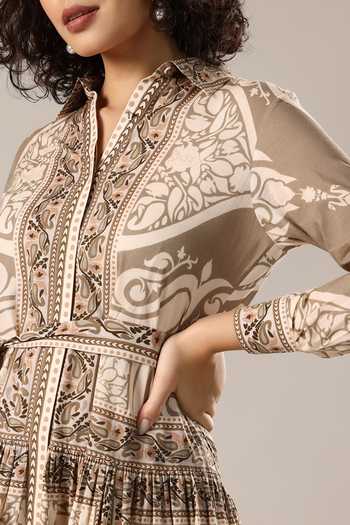 Shop_GOLDN_Ivory Silk, Chanderi Collared Printed Dress With Belt _Online_at_Aza_Fashions