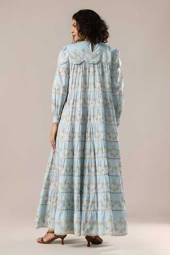 Shop_GOLDN_Sky Blue Chanderi Silk Zari Round Neck Dress _at_Aza_Fashions