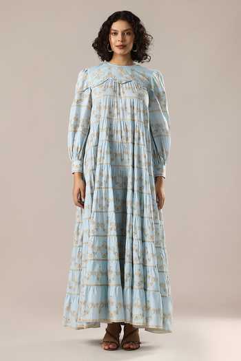 Buy_GOLDN_Sky Blue Chanderi Silk Zari Round Neck Dress _at_Aza_Fashions