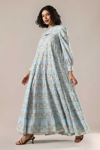 GOLDN_Sky Blue Chanderi Silk Zari Round Neck Dress _Online_at_Aza_Fashions