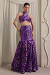 Shop_Payal & Zinal_Purple Net Sequins, Beads Halter Neck Embellished Blouse And Skirt Set _at_Aza_Fashions