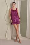 Buy_Payal & Zinal_Magenta Net Sequins, Ribbons Square Neck Structured Mini Dress _at_Aza_Fashions