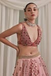 Payal & Zinal_Pink Net Beads, Zari V-neck Printed Freezy Twill Blouse And Lehenga Set _Online_at_Aza_Fashions