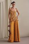 Buy_Payal & Zinal_Yellow Twill Beads, Pearls, Cut Work, Tassels Bandeau Frezzy Top And Palazzo Set _at_Aza_Fashions