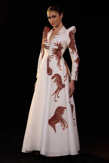 Samant Chauhan_Ivory Silk, Cotton Embroidery V-neck, Collared Gown _Online_at_Aza_Fashions