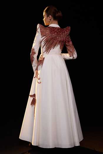 Shop_Samant Chauhan_Ivory Silk, Cotton Embroidery V-neck, Collared Gown _at_Aza_Fashions