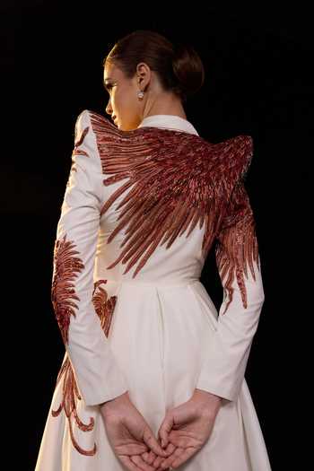 Shop_Samant Chauhan_Ivory Silk, Cotton Embroidery V-neck, Collared Gown _Online_at_Aza_Fashions