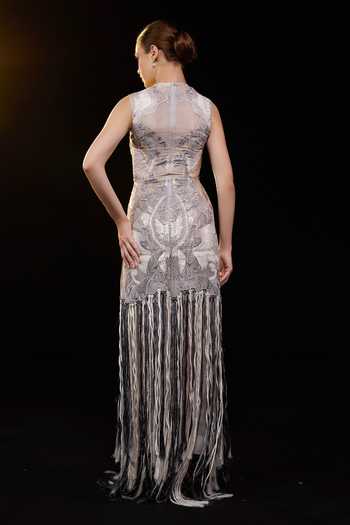 Shop_Samant Chauhan_Grey Silk, Cotton Embroidery, Fringe High Neck Sheer Gown _at_Aza_Fashions
