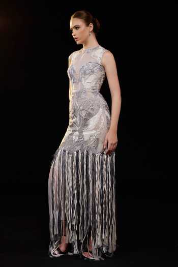 Samant Chauhan_Grey Silk, Cotton Embroidery, Fringe High Neck Sheer Gown _Online_at_Aza_Fashions