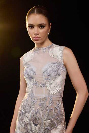 Buy_Samant Chauhan_Grey Silk, Cotton Embroidery, Fringe High Neck Sheer Gown _Online_at_Aza_Fashions