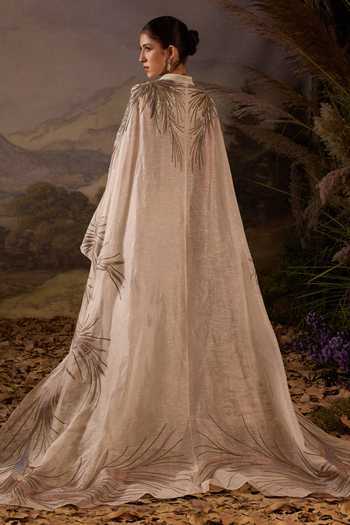 Shop_Samant Chauhan_Off White Organza, Silk, Cotton Shawl Neck Hand Embroidered Cape _at_Aza_Fashions