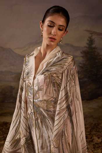 Buy_Samant Chauhan_Off White Organza, Silk, Cotton Shawl Neck Hand Embroidered Cape _Online_at_Aza_Fashions