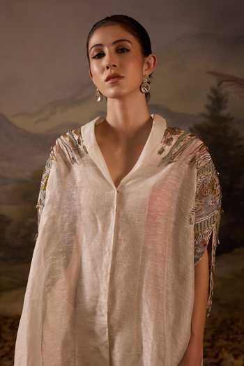 Samant Chauhan_Off White Silk, Organza, Cotton Shawl Neck Embellished Cape _Online_at_Aza_Fashions