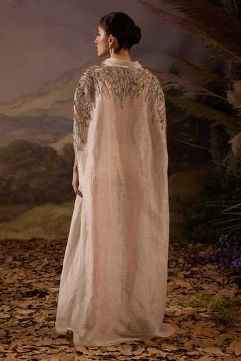 Shop_Samant Chauhan_Off White Silk, Organza, Cotton Shawl Neck Embellished Cape _at_Aza_Fashions