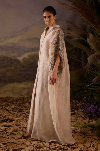 Buy_Samant Chauhan_Off White Silk, Organza, Cotton Shawl Neck Embellished Cape _Online_at_Aza_Fashions