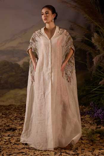 Buy_Samant Chauhan_Off White Silk, Organza, Cotton Shawl Neck Embellished Cape _at_Aza_Fashions