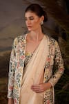 Shop_Samant Chauhan_Gold Silk Embroidery Open Neck, Bandeau Floral Cotton Saree Set With Jacket _Online_at_Aza_Fashions