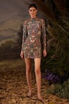 Buy_Samant Chauhan_Blue Silk Embroidery, Sequins, Beads High Floral High-neck Short Dress In Cotton _at_Aza_Fashions