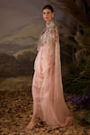Samant Chauhan_Pink Silk, Cotton Embroidery Halter Neck Floral Cape Sleeve Gown _Online_at_Aza_Fashions
