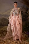 Buy_Samant Chauhan_Pink Silk, Cotton Embroidery Halter Neck Floral Cape Sleeve Gown _at_Aza_Fashions