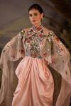 Buy_Samant Chauhan_Pink Silk, Cotton Embroidery Halter Neck Floral Cape Sleeve Gown _Online_at_Aza_Fashions